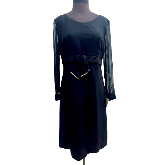 Vtg Ladylike Sheer Sleeved Pearl Bow Modest Knee Length Dress 14 Deadstock NWT - Picture 1 of 10
